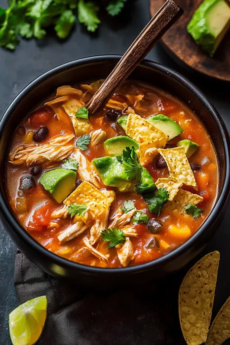Warm bowl with tender chicken, tortillas, and avocado.