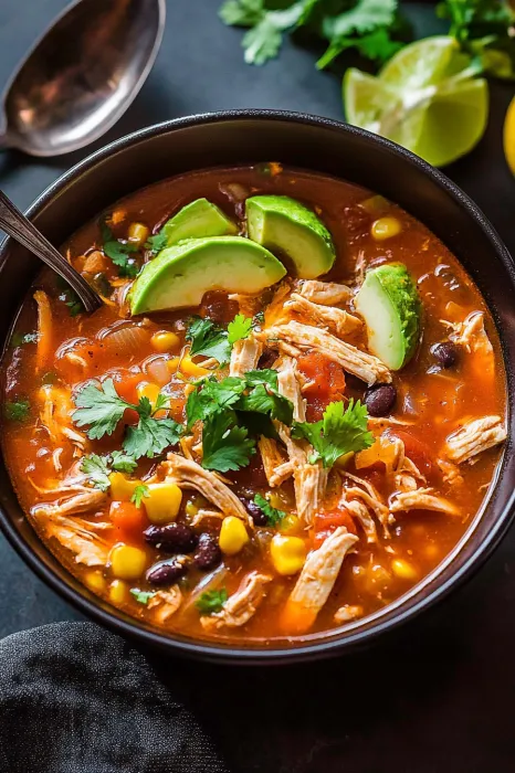Soup filled with tomatoes, avocado, and crunchy tortilla pieces.