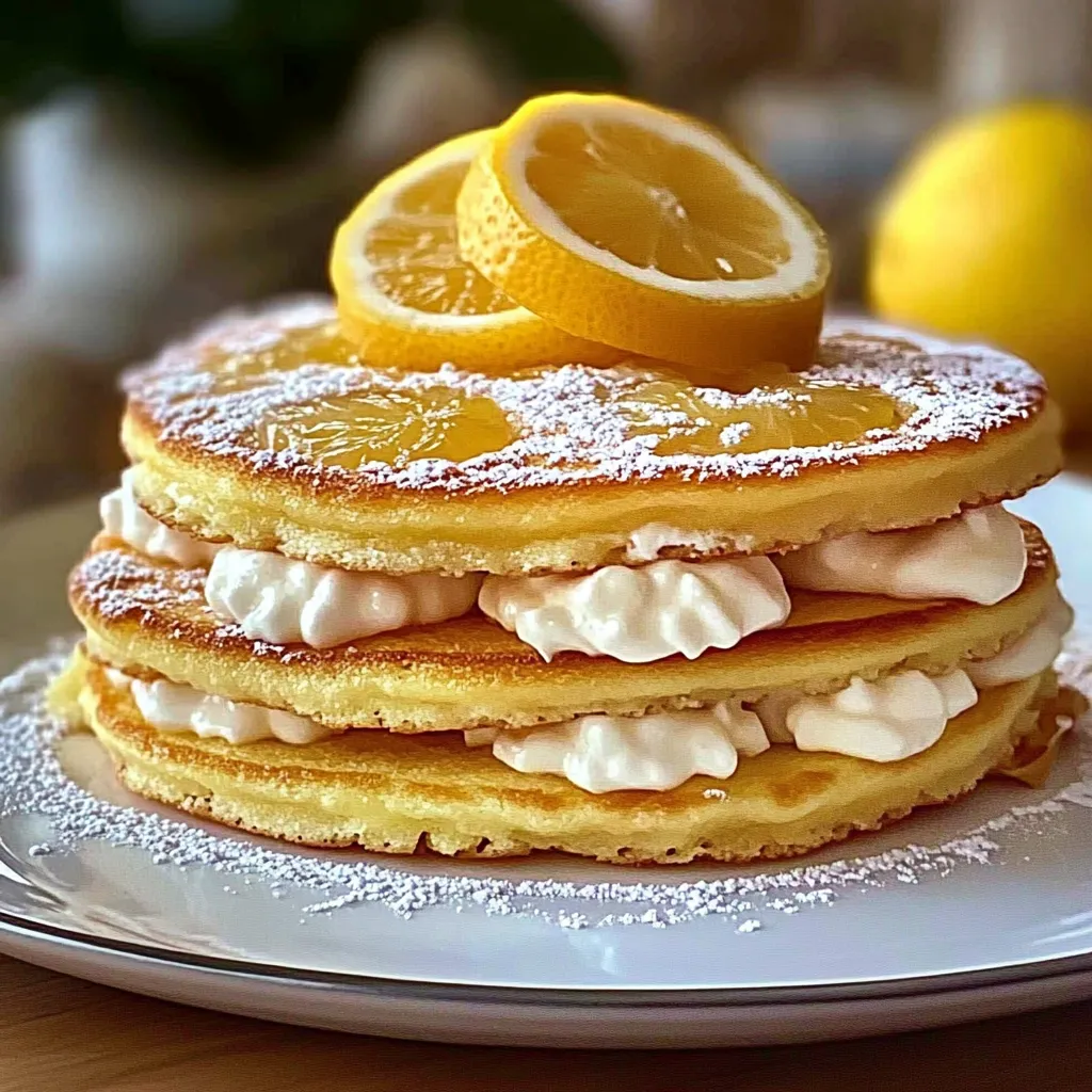 A tall stack of pancakes topped with lemon slices.
