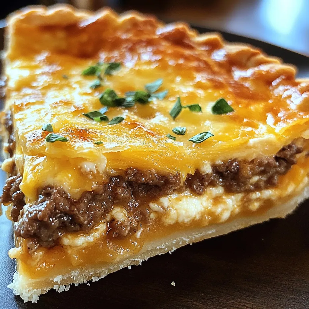 A piece of cheese-topped beef pie on a dish.