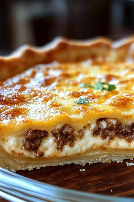 A wedge of cheesy pie on a plate.