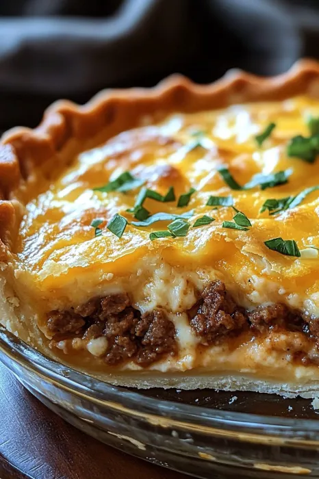 Closeup showing cheesy golden pie with green herbs.