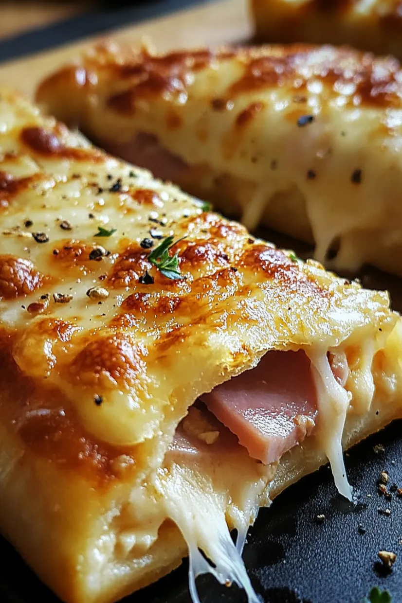 Slice with gooey ham and cheese inside.