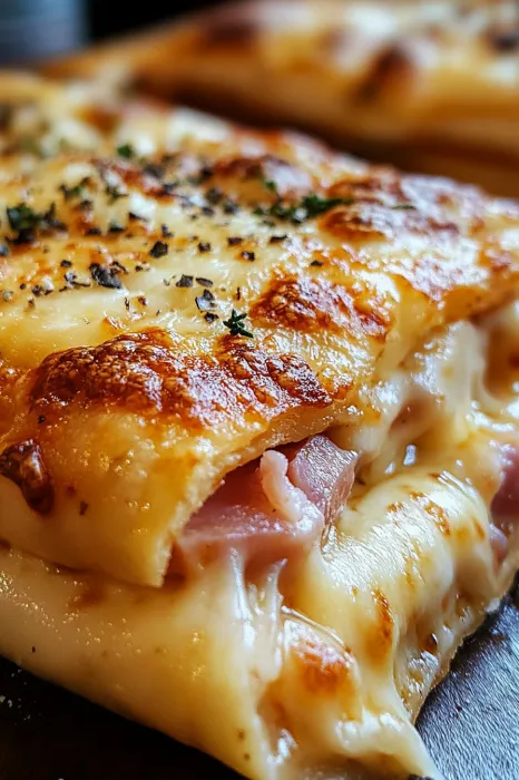 Slice of cheesy ham calzone on a plate.