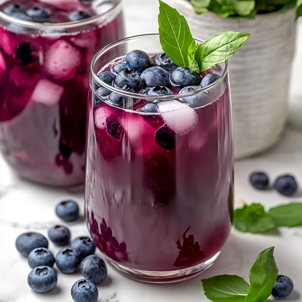 Glass of blueberry juice with some berries on top.
