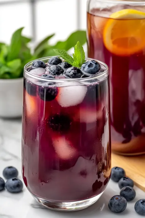 Blueberry drink in a glass with a berry on top.