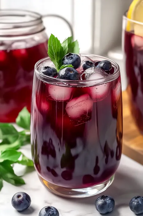 Red drink in a glass with blueberries inside.