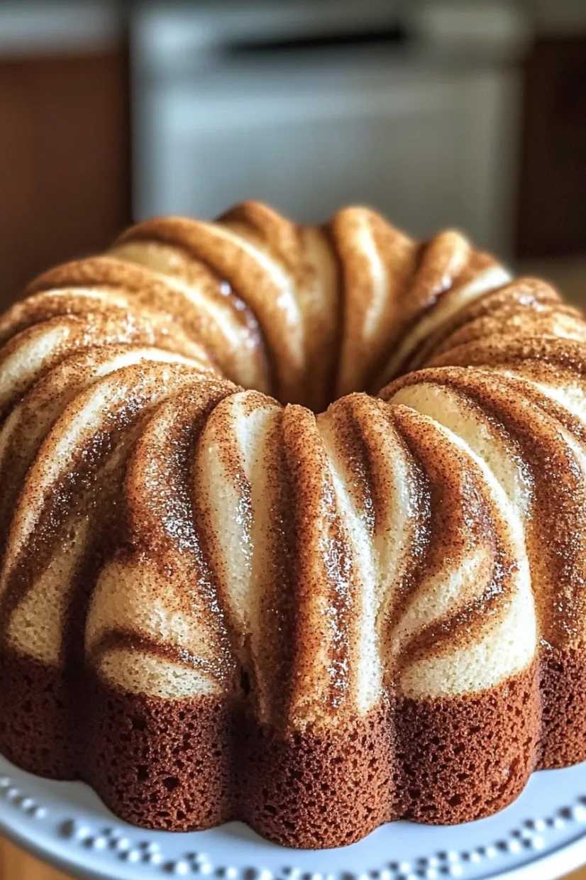 A golden brown swirled cake on a platter, frosted on top.