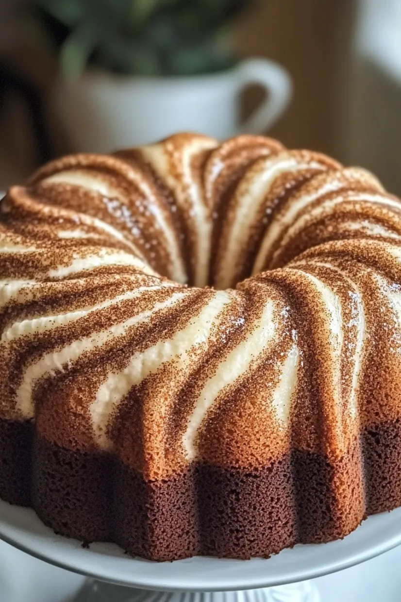 Ring-shaped cake topped with chocolate and white drizzles.