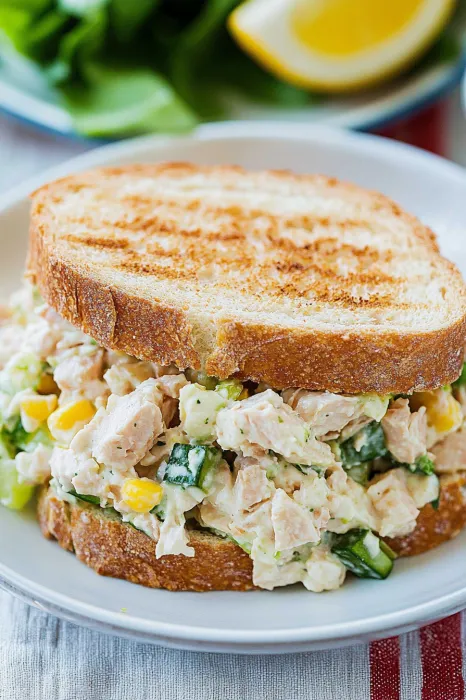 A chicken sandwich loaded with veggies on a white plate.