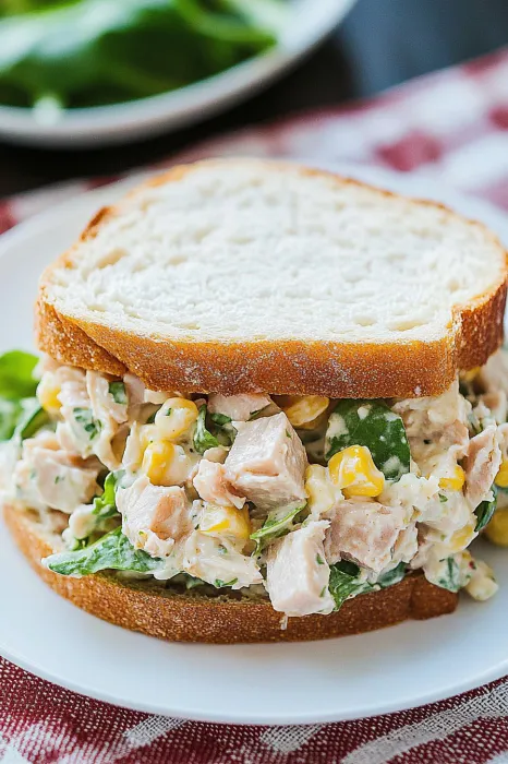 Meaty sandwich with corn on a plate.