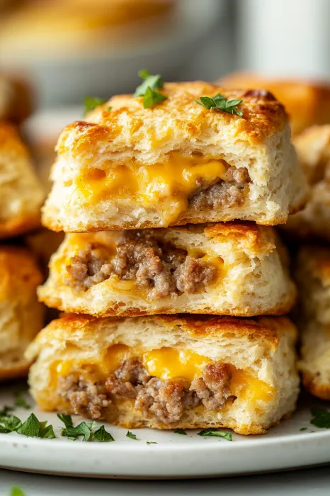 Three stacked biscuits filled with sausage.