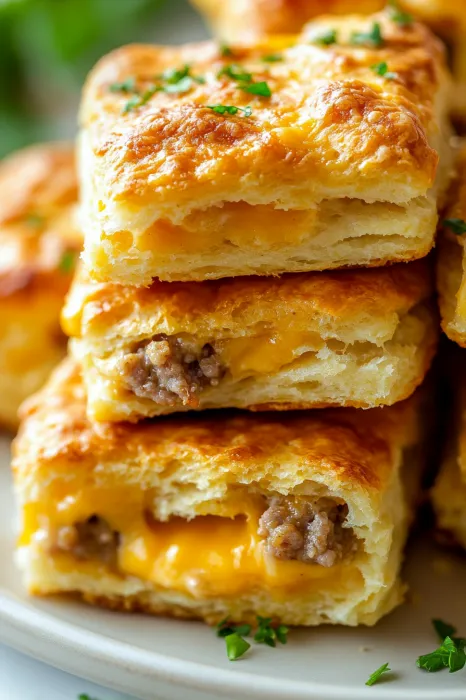 Biscuits stacked up with cheese and sausage showing.