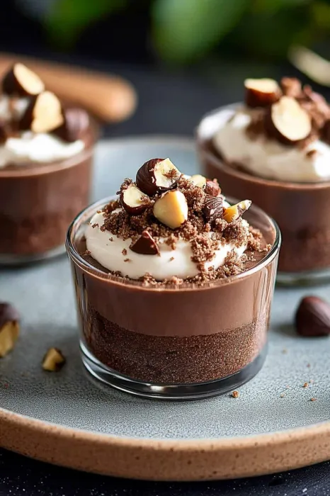 A chocolate dessert with nuts on top.
