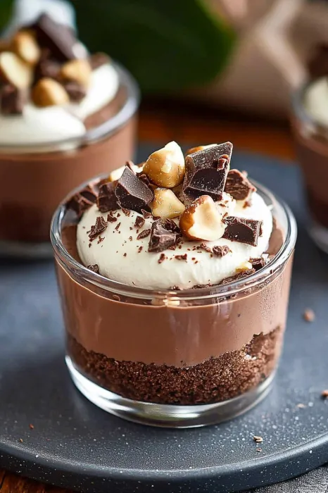 A chocolate dessert with nuts on top.