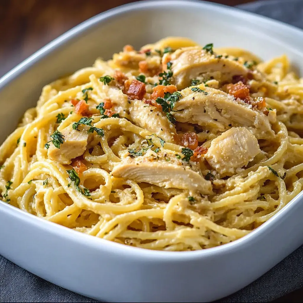 A bowl of pasta with chicken and tomatoes.