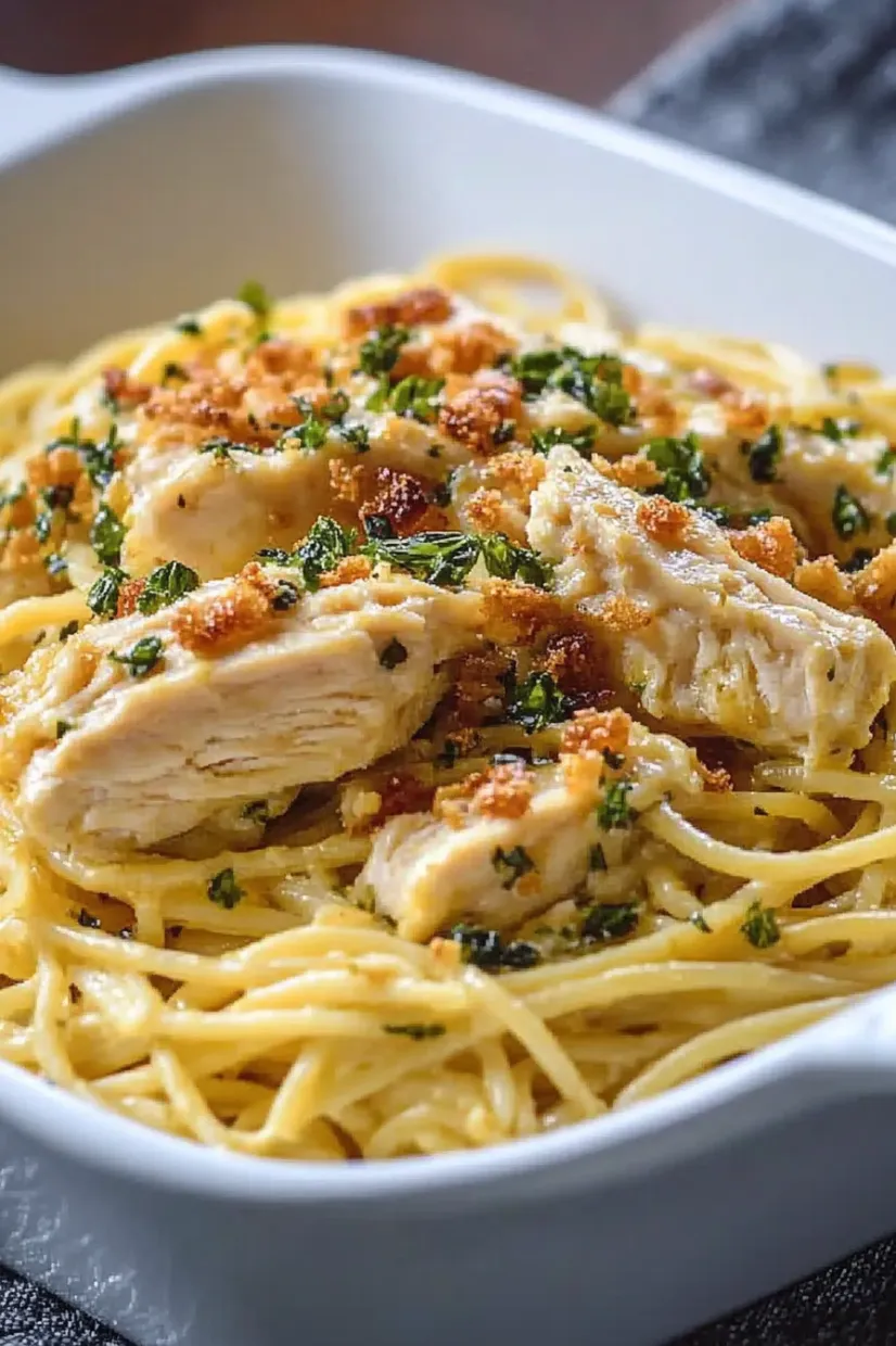 A plate of food with chicken and pasta.