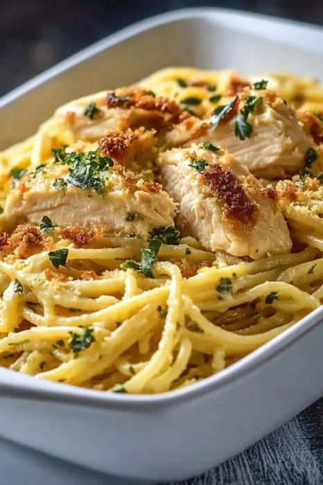 A plate of food with chicken and pasta.