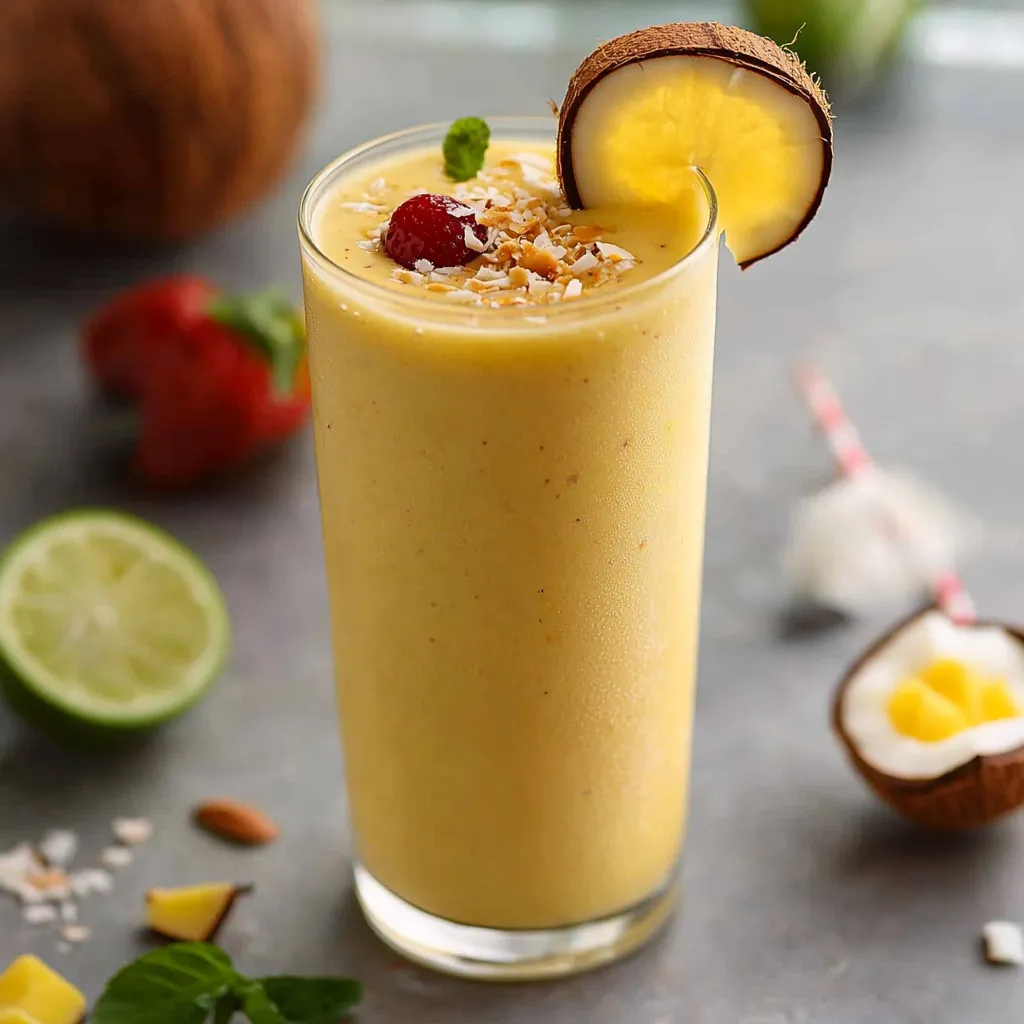 A glass of orange juice with a slice of lemon and a slice of coconut on top.