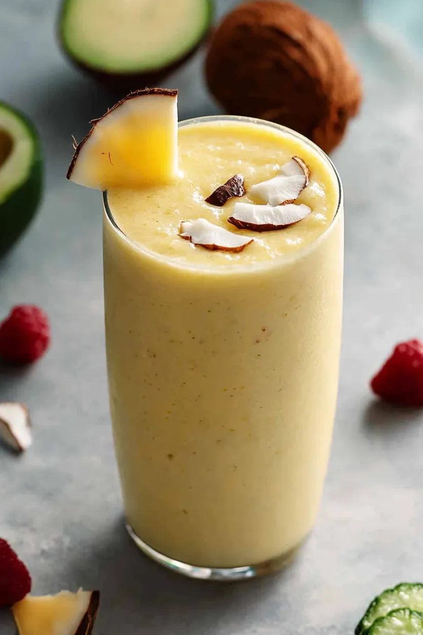 A glass of coconut milk with a pineapple slice on top.