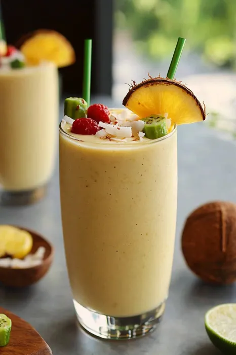 A glass of coconut milk with a pineapple wedge on top.