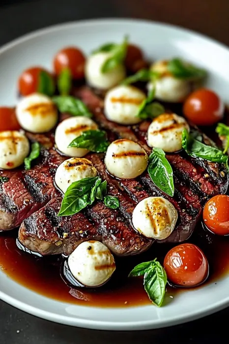 A plate of food with tomatoes, cheese, and meat.