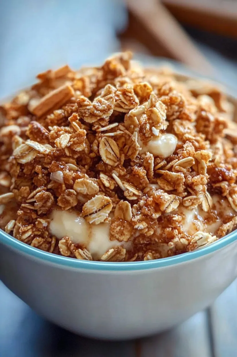 A bowl of granola with a spoon in it.