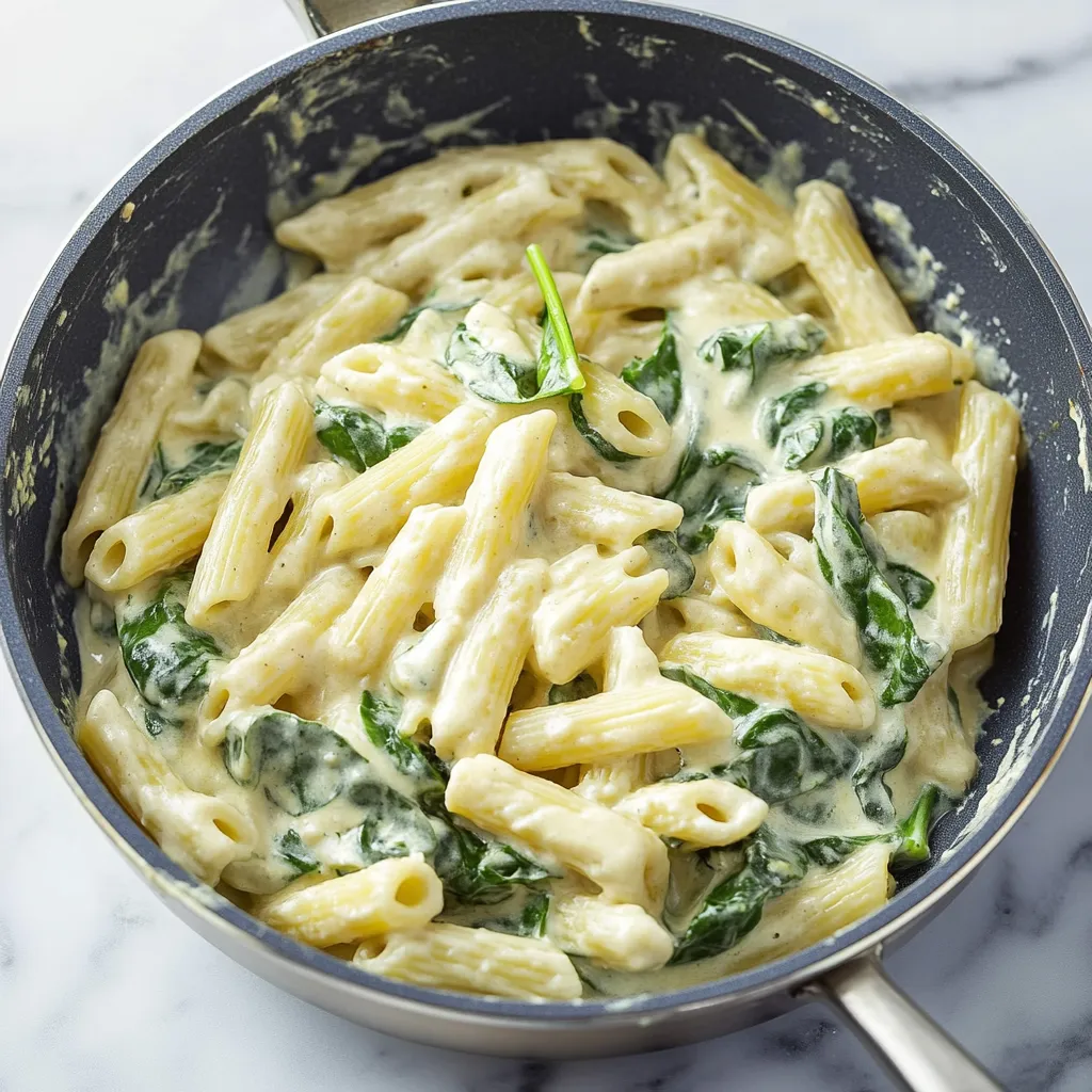 A bowl of pasta with spinach and cheese.