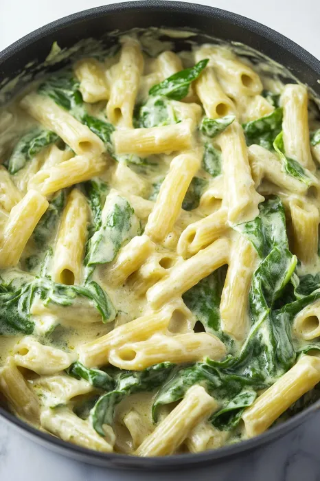 A bowl of pasta with green vegetables.