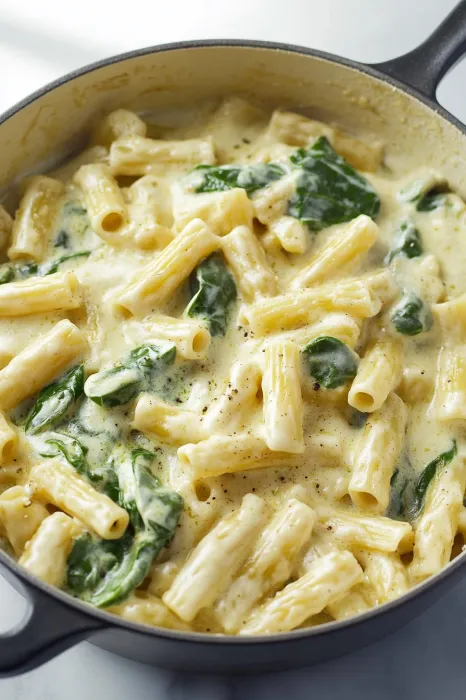 A bowl of pasta with spinach.