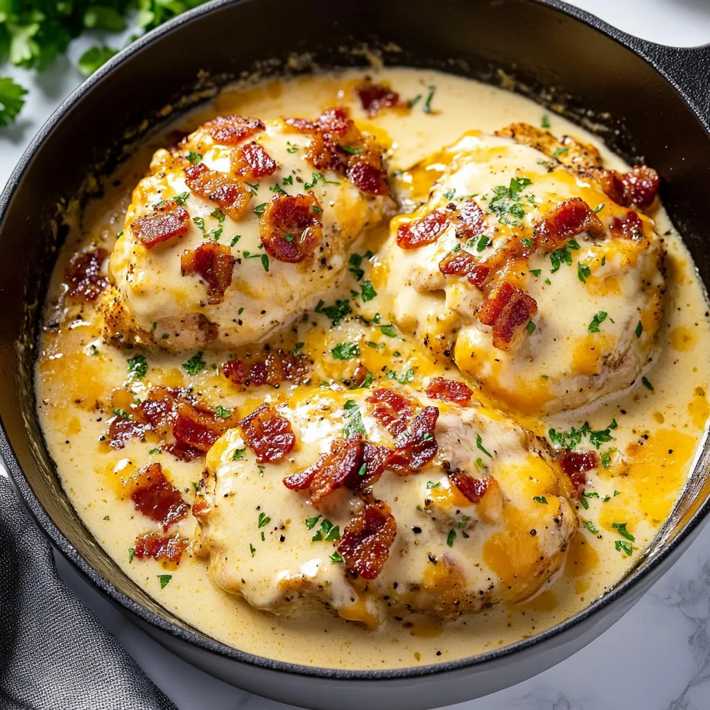 A pan of chicken with bacon and cheese.