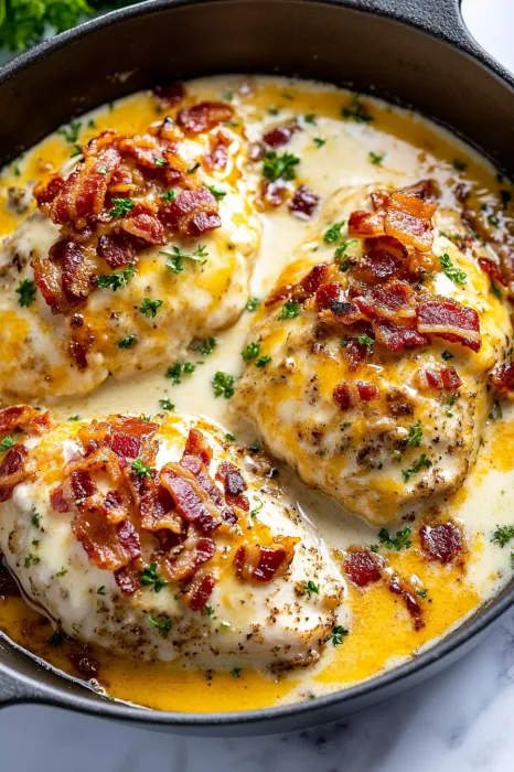 Bacon wrapped chicken in a creamy sauce.