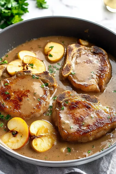 A pan of meat and apples.
