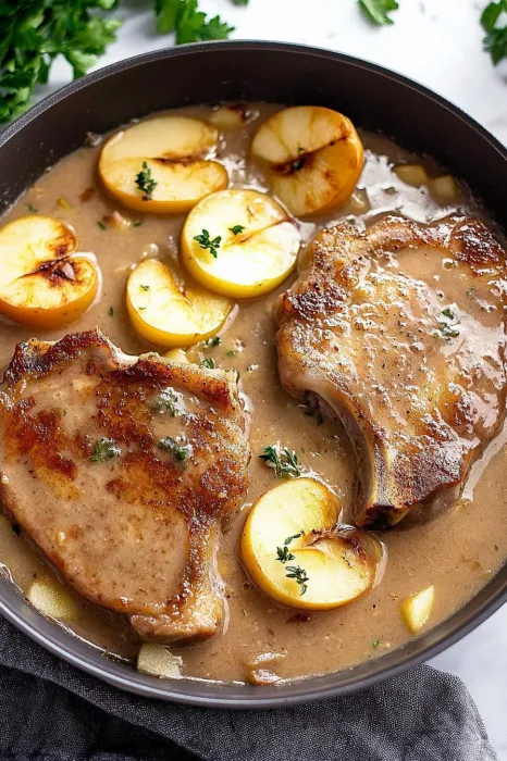 A dish of meat and apples.