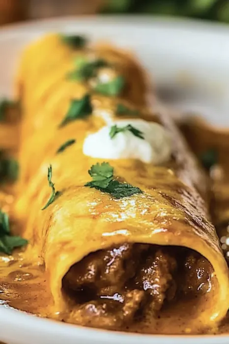 A burrito with white cheese on top.