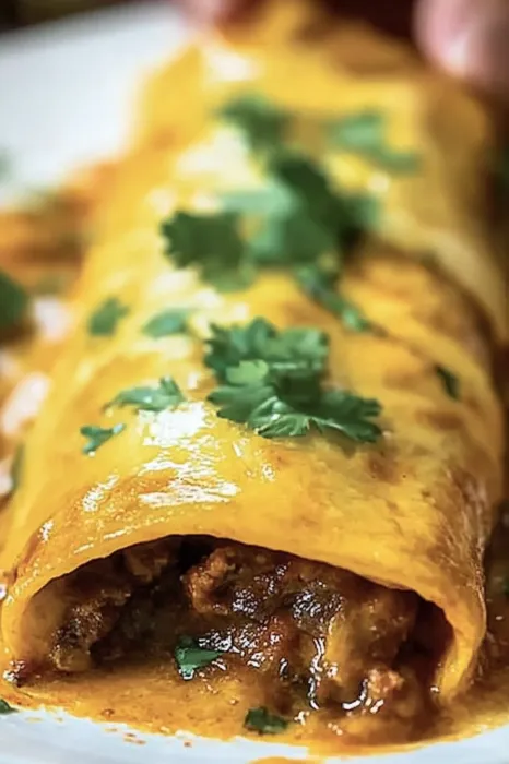 A burrito with green toppings.