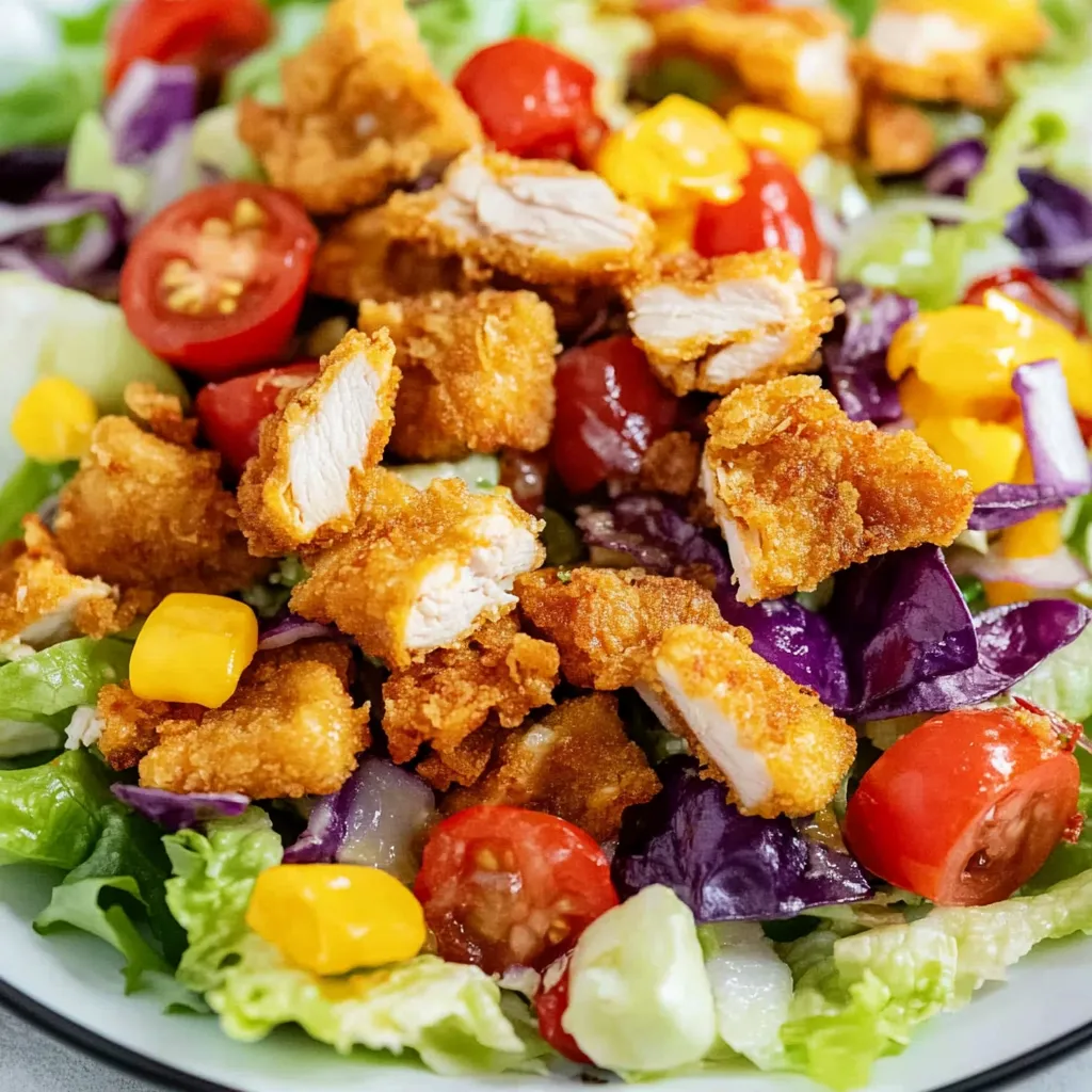 A plate of chicken salad with tomatoes and lettuce.