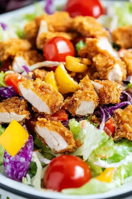 A salad with chicken, tomatoes, and peppers.
