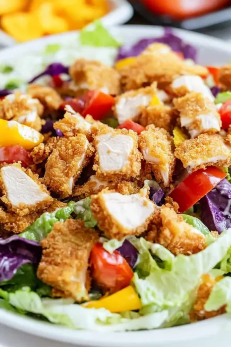 A salad with chicken and tomatoes.