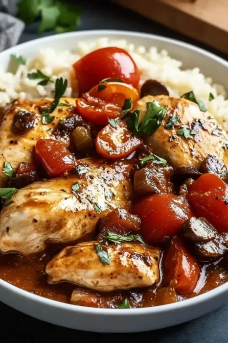 A bowl of chicken and tomatoes.