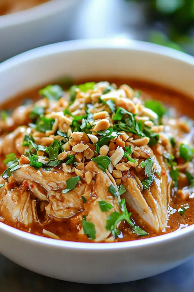 A bowl of soup with a piece of chicken and nuts.