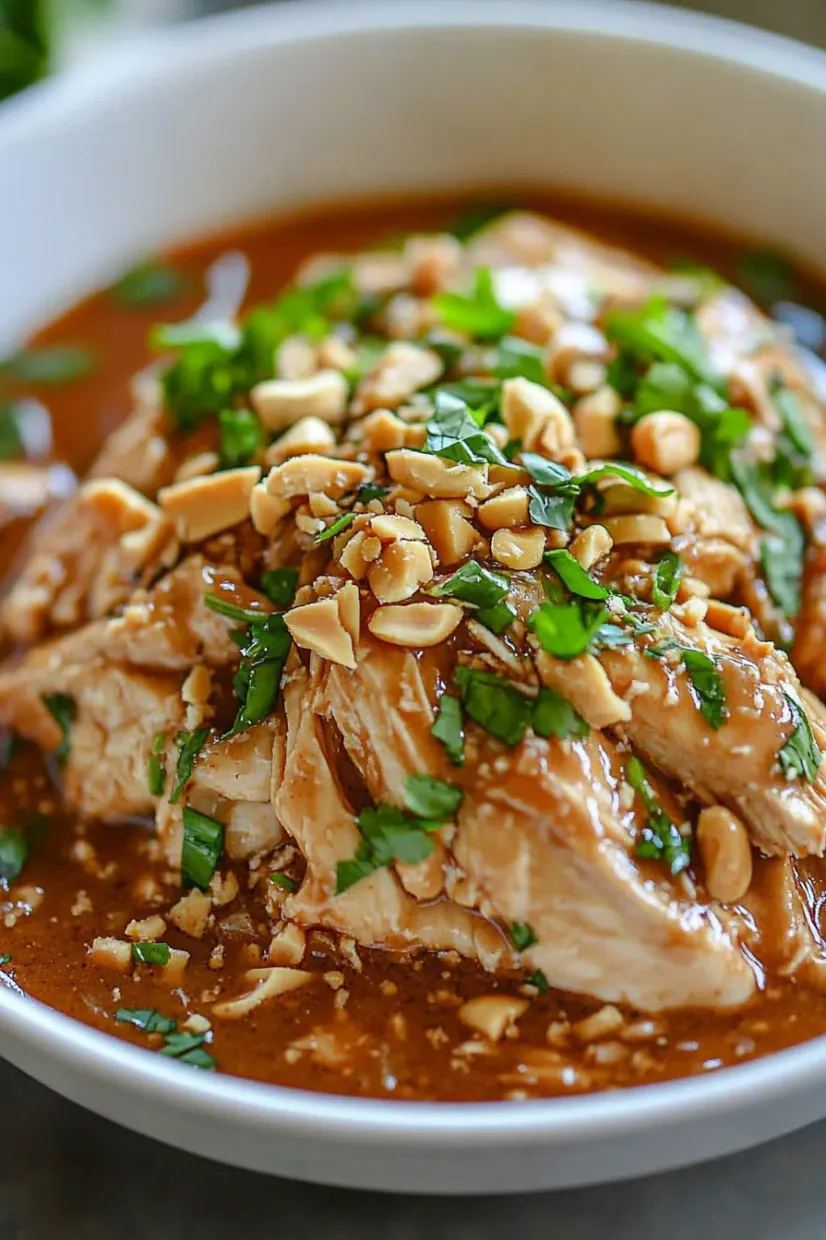 A bowl of chicken with nuts and herbs.