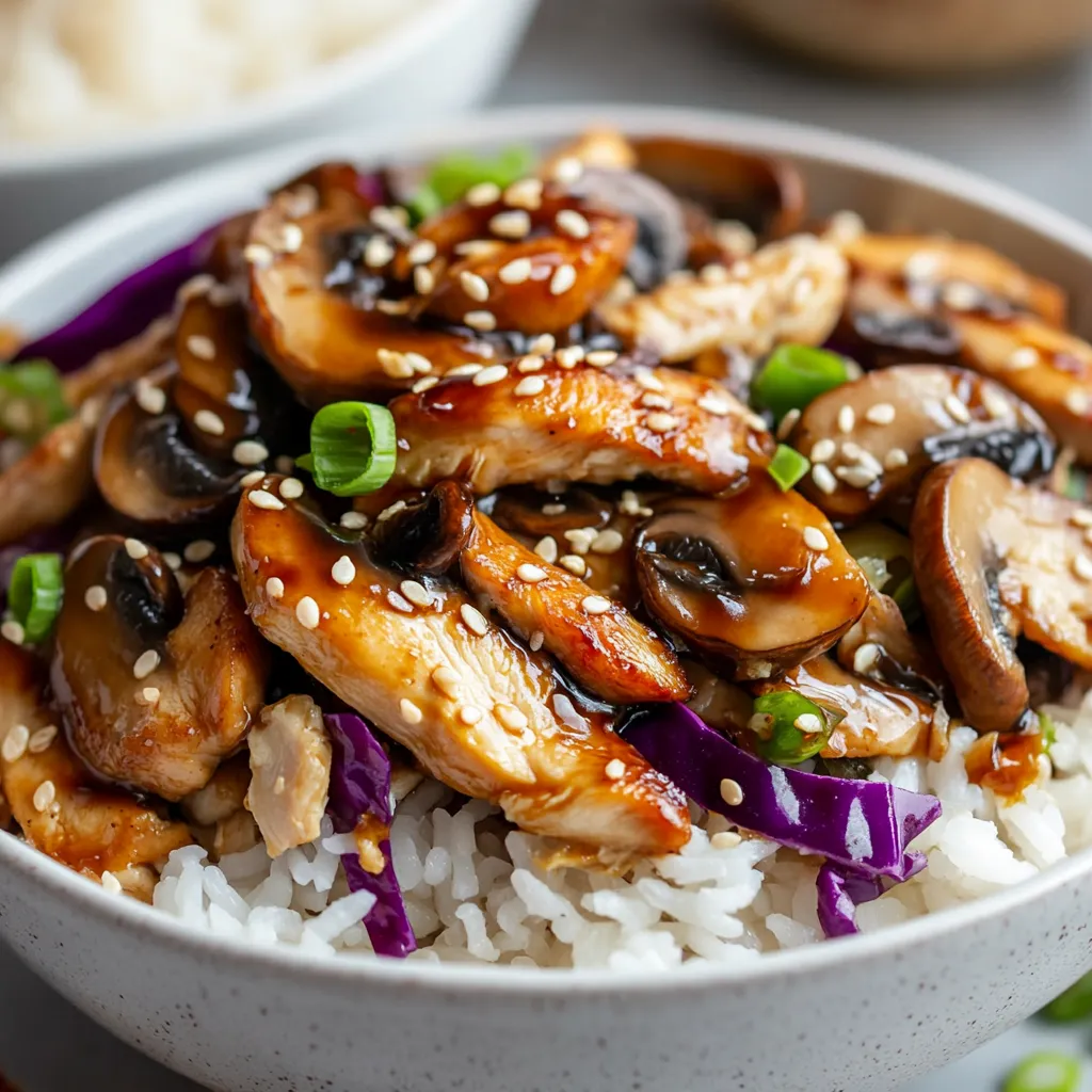 A bowl of food with rice and mushrooms.
