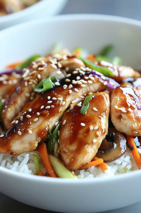 A bowl of food with chicken and rice.