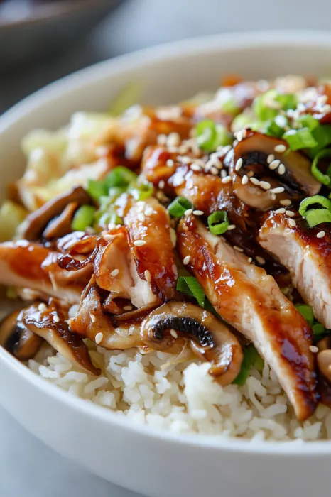 A bowl of food with rice and meat.