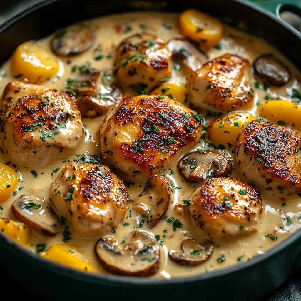 A pan of food with chicken and mushrooms.