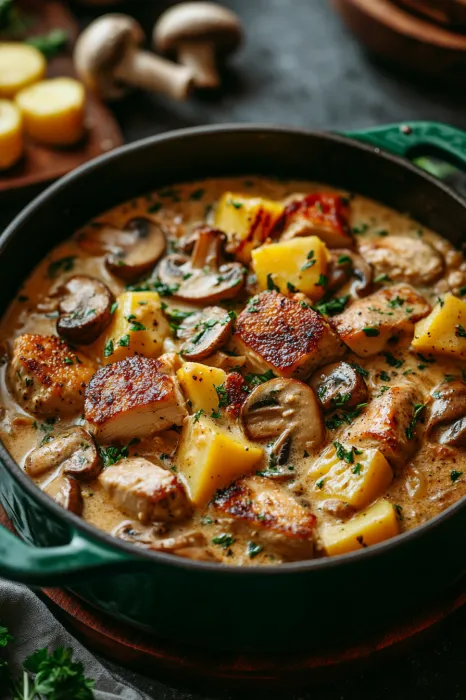 A bowl of food with mushrooms and chicken.