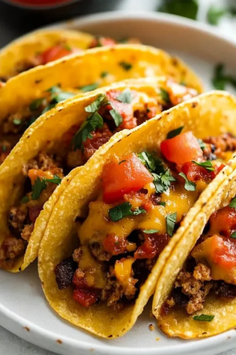 Two tacos with meat and tomatoes.