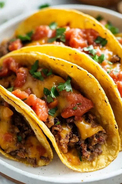Three tacos with meat and tomatoes.