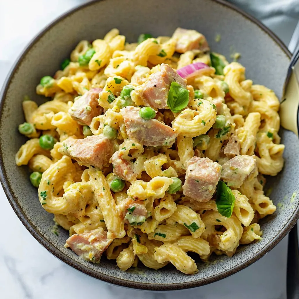 A bowl of pasta with meat and peas.